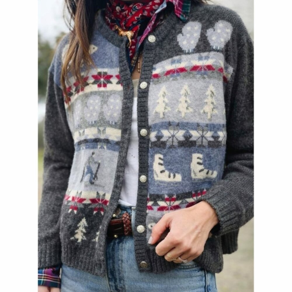 Vintage Northern Reflections Wool Intarsia weater S Grey Blue Apres Ski Bear